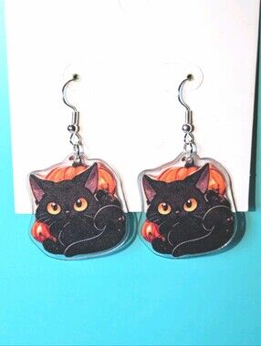 Hand Crafted Black Cat & Pumpkin Halloween Dangle Earrings